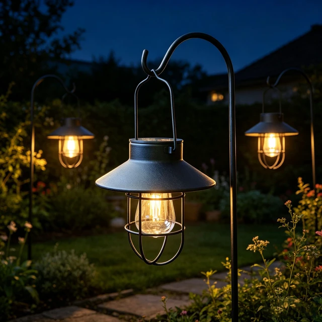 Alt view image 2 of 7 - Solar Lantern 2pack Outdoor Hanging Light- Waterproof Vintage Metal Light with Shepherd Hook Decorative for Patio, Backyard, Porch, Yard (Black)