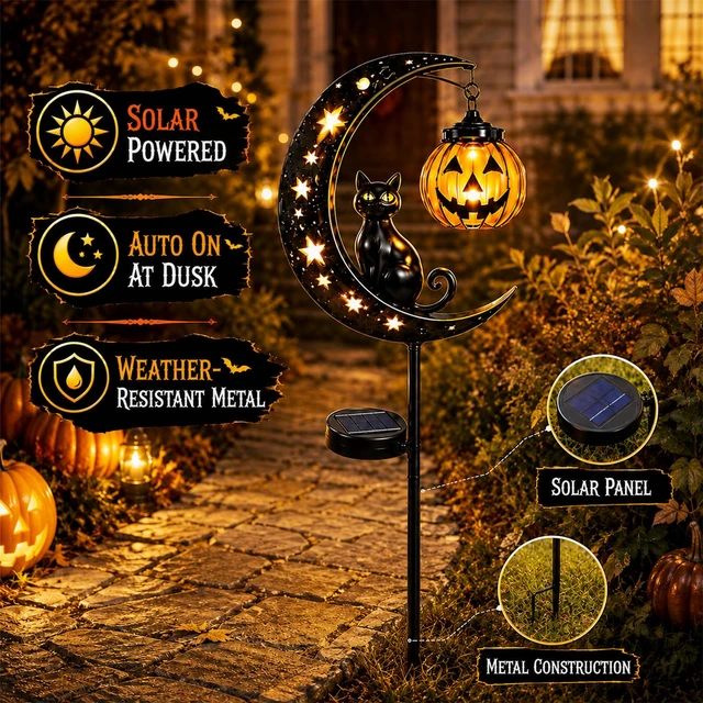 Alt view image 3 of 7 - Solar Halloween Black Cat & Pumpkin Moon Garden Stake Light, Waterproof Outdoor Moon Light with Hanging Pumpkin Lantern, Outdoor Halloween Yard Decor for Garden, Patio, Lawn, Pathway (Style C)