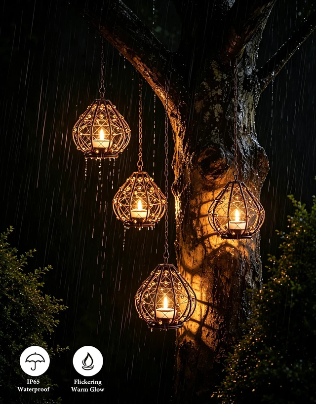 Alt view image 5 of 7 - Outdoor Solar Hanging Lantern, 4 Pack Hand Woven Copper Wire Teardrop Candle Holders with Solar Tea Lights, IP65 Waterproof Chandelier for Gazebo, Tree, Pergola, Patio Garden Decor