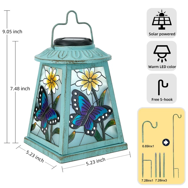 Alt view image 3 of 7 - Butterfly Solar Lantern with Shepherd Hook, Outdoor Hanging Metal LED Garden Light Waterproof for Patio Yard Pathway, Butterfly Lantern Decor and Christmas Holiday Gift for Mom Grandma Women