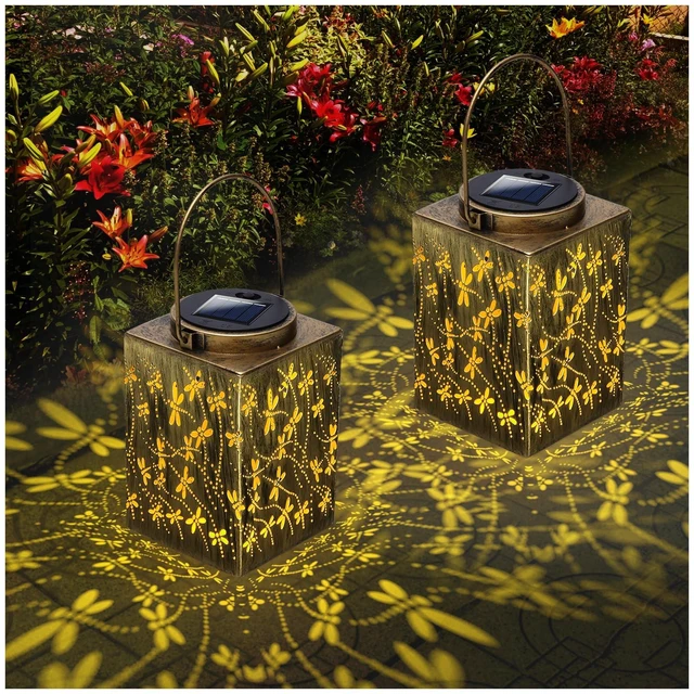 Main image of 2 Pack Solar Lanterns - Waterproof Metal Hanging Solar Lights Outdoor Decorative, Solar Powered LED Lamp for Patio Tabletop Porch Deck Yard Garden Decor for Outside (Dragonfly)
