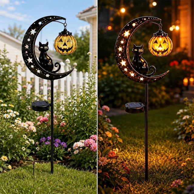Alt view image 4 of 7 - Solar Halloween Black Cat & Pumpkin Moon Garden Stake Light, Waterproof Outdoor Moon Light with Hanging Pumpkin Lantern, Outdoor Halloween Yard Decor for Garden, Patio, Lawn, Pathway (Style C)