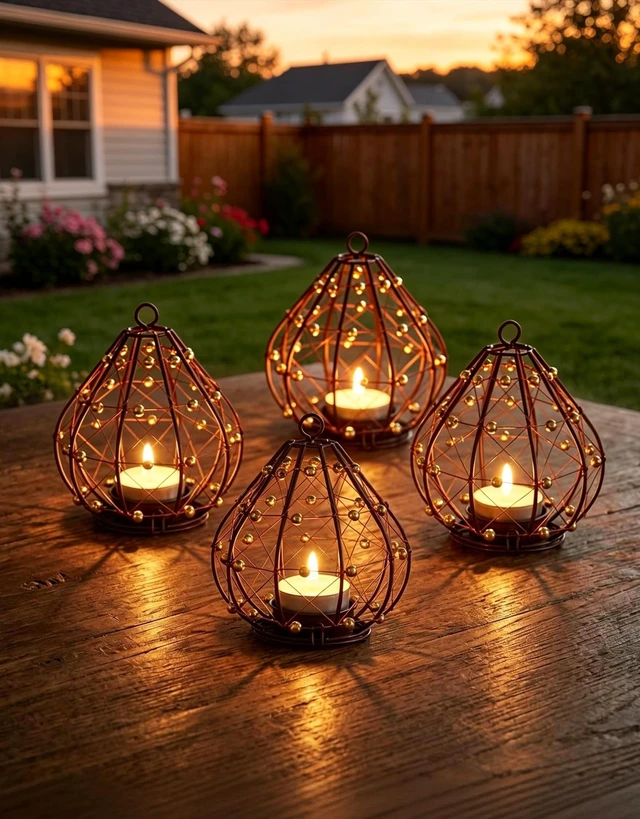 Alt view image 6 of 7 - Outdoor Solar Hanging Lantern, 4 Pack Hand Woven Copper Wire Teardrop Candle Holders with Solar Tea Lights, IP65 Waterproof Chandelier for Gazebo, Tree, Pergola, Patio Garden Decor