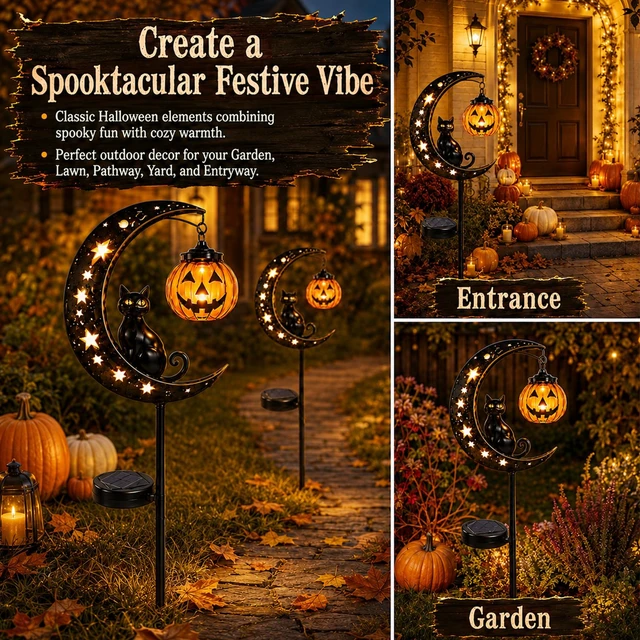 Alt view image 5 of 7 - Solar Halloween Black Cat & Pumpkin Moon Garden Stake Light, Waterproof Outdoor Moon Light with Hanging Pumpkin Lantern, Outdoor Halloween Yard Decor for Garden, Patio, Lawn, Pathway (Style C)