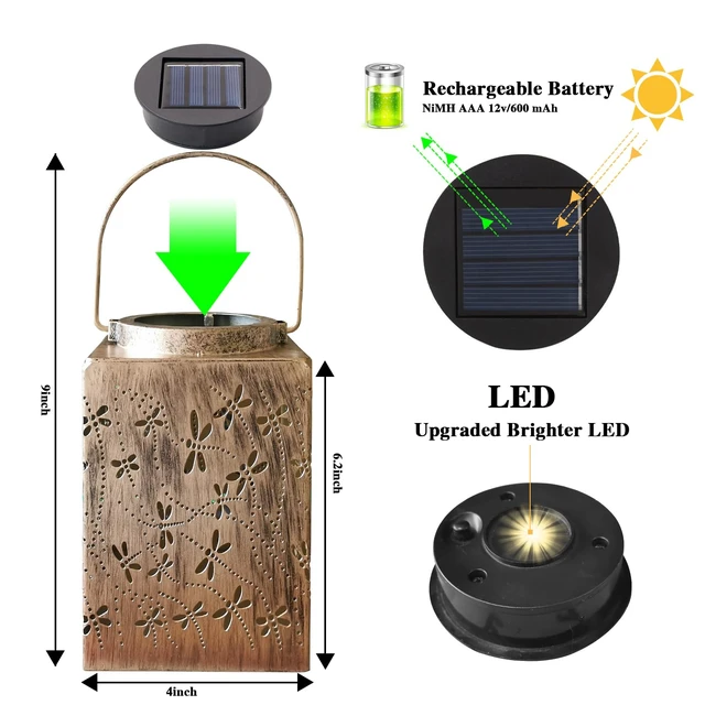 Alt view image 2 of 6 - 2 Pack Solar Lanterns - Waterproof Metal Hanging Solar Lights Outdoor Decorative, Solar Powered LED Lamp for Patio Tabletop Porch Deck Yard Garden Decor for Outside (Dragonfly)