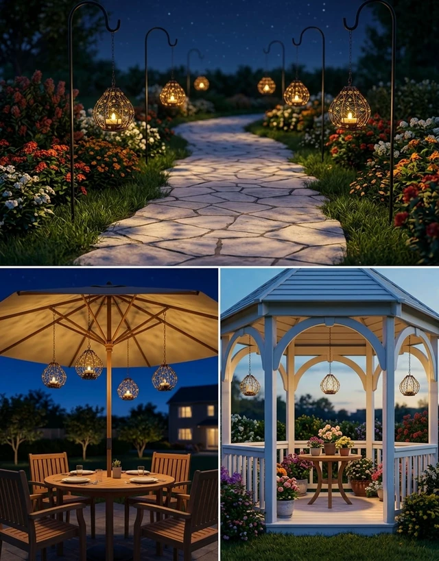 Alt view image 7 of 7 - Outdoor Solar Hanging Lantern, 4 Pack Hand Woven Copper Wire Teardrop Candle Holders with Solar Tea Lights, IP65 Waterproof Chandelier for Gazebo, Tree, Pergola, Patio Garden Decor