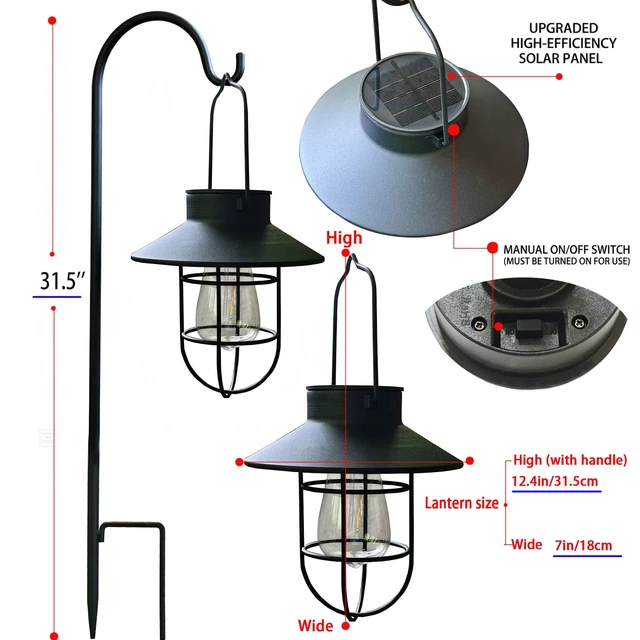 Alt view image 4 of 7 - Solar Lantern 2pack Outdoor Hanging Light- Waterproof Vintage Metal Light with Shepherd Hook Decorative for Patio, Backyard, Porch, Yard (Black)