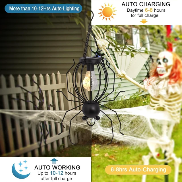Alt view image 5 of 7 - 20 Inch Halloween Spider Solar Outdoor Lanterns, Metal Waterproof Hanging LED Lights for Outside Yard Garden Patio Pathway Tree.