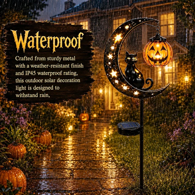 Alt view image 6 of 7 - Solar Halloween Black Cat & Pumpkin Moon Garden Stake Light, Waterproof Outdoor Moon Light with Hanging Pumpkin Lantern, Outdoor Halloween Yard Decor for Garden, Patio, Lawn, Pathway (Style C)