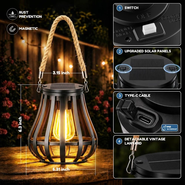 Alt view image 6 of 7 - 2 Pack Solar Lanterns Outdoor Waterproof - Hanging Solar Powered Lights, Adjustable Color Temperature Lanterns Lights for Garden Patio Yard Table Wall Pathway Decor, Gifts for Women Mom Family