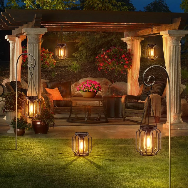 Alt view image 6 of 7 - Solar Hanging Lanterns Outdoor Waterproof: 4 Pack Metal Solar-Powered Lights with Hook, Bright Warm Lantern Decor for Outside, Classic Outdoor Lighting for Yard Garden Patio Porch Balcony Decorations