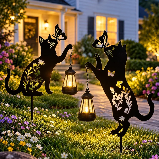 Main image of Cat Solar Lights Outdoor Garden, 2 Pack Solar Hanging Lantern Outdoor, Cat Lover Gifts for Women Mom Birthday Mother's Day, Metal Waterproof Garden Decor for Yard Pathway Patio Lawn