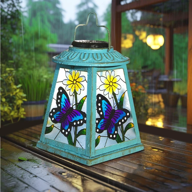 Alt view image 5 of 7 - Butterfly Solar Lantern with Shepherd Hook, Outdoor Hanging Metal LED Garden Light Waterproof for Patio Yard Pathway, Butterfly Lantern Decor and Christmas Holiday Gift for Mom Grandma Women