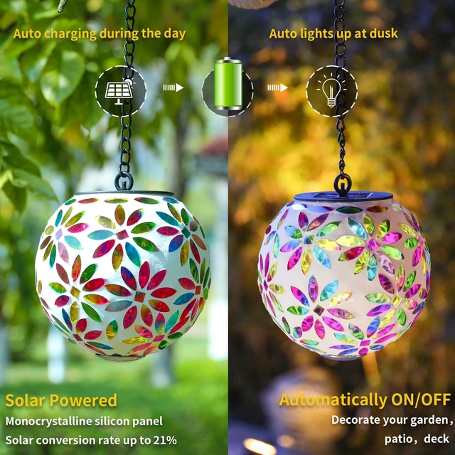 Alt view image 2 of 6 - VCUTEKA Hanging Solar Lanterns, Pink Mosaic Solar Lights Garden Decor