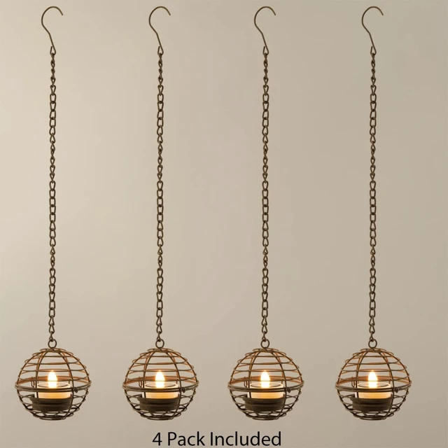 Alt view image 7 of 7 - Solar Hanging Lanterns Outdoor Waterproof, Rust Iron Ball Candle Holder with Flickering Solar Powered Tea Lights, Perfect Chargeable Solar Lights for Backyard Patio Garden Fence Tree Decoration-4Pack