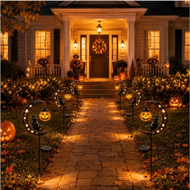 Alt view image 7 of 7 - Solar Halloween Black Cat & Pumpkin Moon Garden Stake Light, Waterproof Outdoor Moon Light with Hanging Pumpkin Lantern, Outdoor Halloween Yard Decor for Garden, Patio, Lawn, Pathway (Style C)
