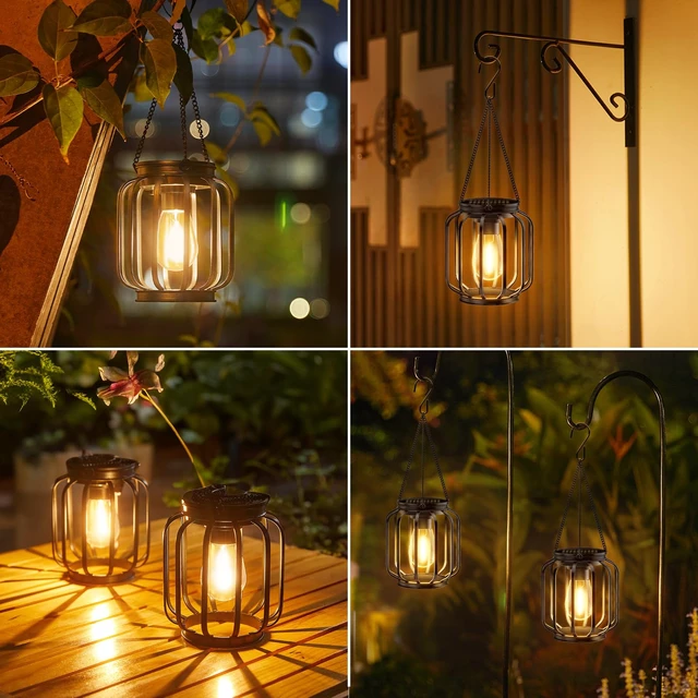 Alt view image 7 of 7 - Solar Hanging Lanterns Outdoor Waterproof: 4 Pack Metal Solar-Powered Lights with Hook, Bright Warm Lantern Decor for Outside, Classic Outdoor Lighting for Yard Garden Patio Porch Balcony Decorations