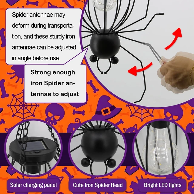 Alt view image 7 of 7 - 20 Inch Halloween Spider Solar Outdoor Lanterns, Metal Waterproof Hanging LED Lights for Outside Yard Garden Patio Pathway Tree.