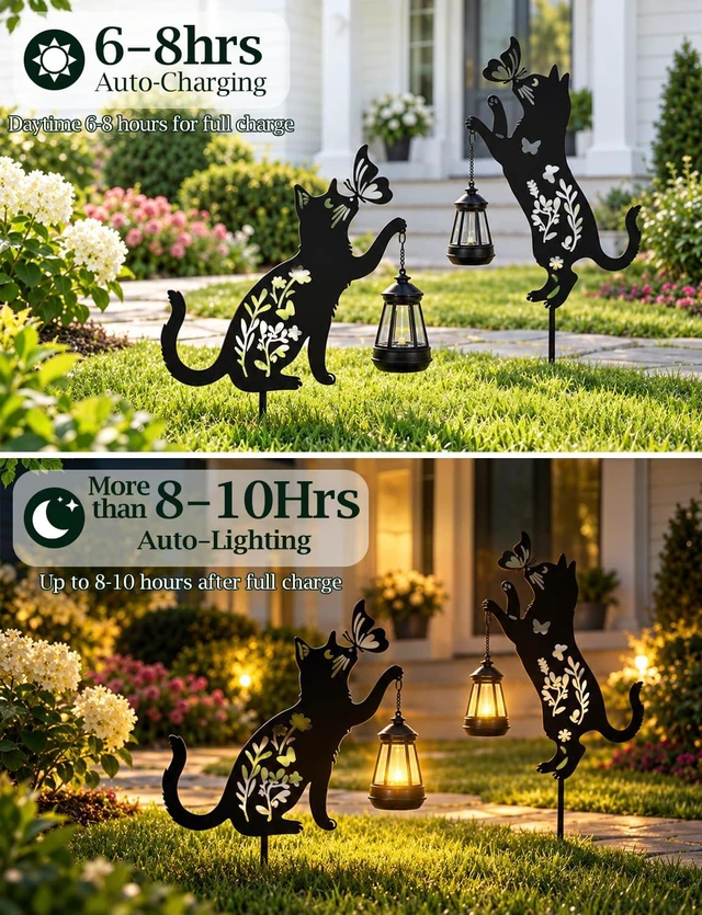 Alt view image 2 of 7 - Cat Solar Lights Outdoor Garden, 2 Pack Solar Hanging Lantern Outdoor, Cat Lover Gifts for Women Mom Birthday Mother's Day, Metal Waterproof Garden Decor for Yard Pathway Patio Lawn