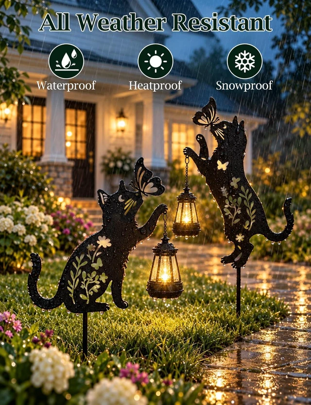 Alt view image 3 of 7 - Cat Solar Lights Outdoor Garden, 2 Pack Solar Hanging Lantern Outdoor, Cat Lover Gifts for Women Mom Birthday Mother's Day, Metal Waterproof Garden Decor for Yard Pathway Patio Lawn