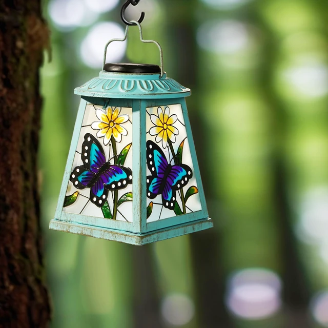 Alt view image 6 of 7 - Butterfly Solar Lantern with Shepherd Hook, Outdoor Hanging Metal LED Garden Light Waterproof for Patio Yard Pathway, Butterfly Lantern Decor and Christmas Holiday Gift for Mom Grandma Women
