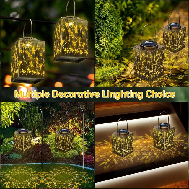 Alt view image 5 of 6 - 2 Pack Solar Lanterns - Waterproof Metal Hanging Solar Lights Outdoor Decorative, Solar Powered LED Lamp for Patio Tabletop Porch Deck Yard Garden Decor for Outside (Dragonfly)