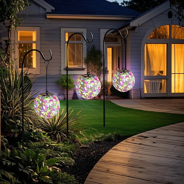 Alt view image 4 of 6 - VCUTEKA Hanging Solar Lanterns, Pink Mosaic Solar Lights Garden Decor
