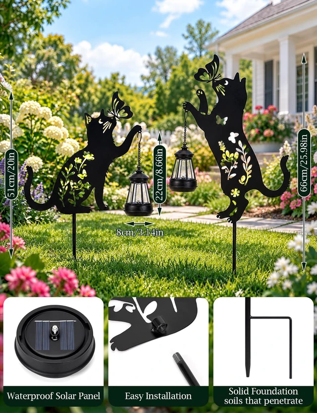 Alt view image 4 of 7 - Cat Solar Lights Outdoor Garden, 2 Pack Solar Hanging Lantern Outdoor, Cat Lover Gifts for Women Mom Birthday Mother's Day, Metal Waterproof Garden Decor for Yard Pathway Patio Lawn