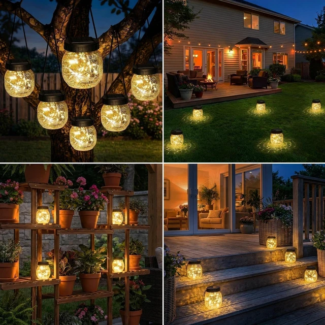 Alt view image 5 of 6 - 12 Pack Solar Hanging Lanterns Outdoor Waterproof, Crackle Glass Solar Globe Lights with Warm White Glow, Garden Decor for Tree, Shepherd Hook, Fence, Patio, Yard, Gifts for Women Mom