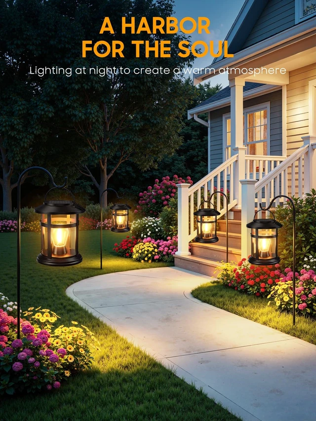 Alt view image 3 of 7 - Solar Lantern Outdoor Waterproof, 2 Pack Bright Hanging Solar Lights for Outside Decorative, Upgraded Solar Powered Lanterns LED Lighting for Garden Patio Porch Decor Gifts (Warm Light)