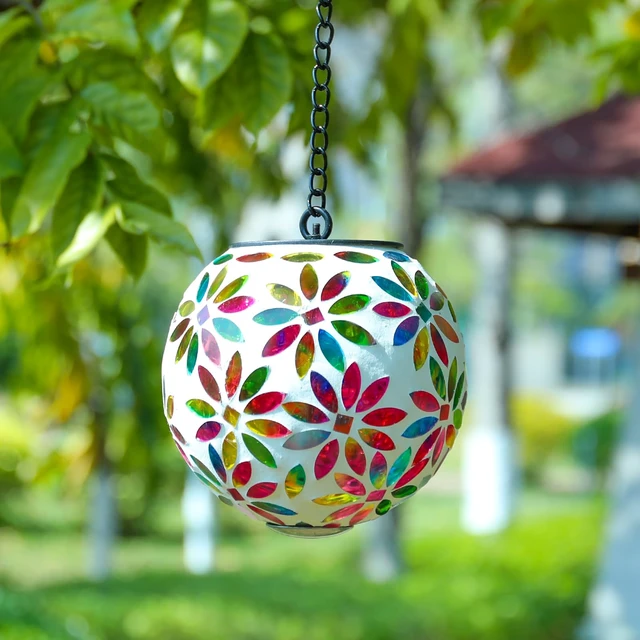 Alt view image 5 of 6 - VCUTEKA Hanging Solar Lanterns, Pink Mosaic Solar Lights Garden Decor
