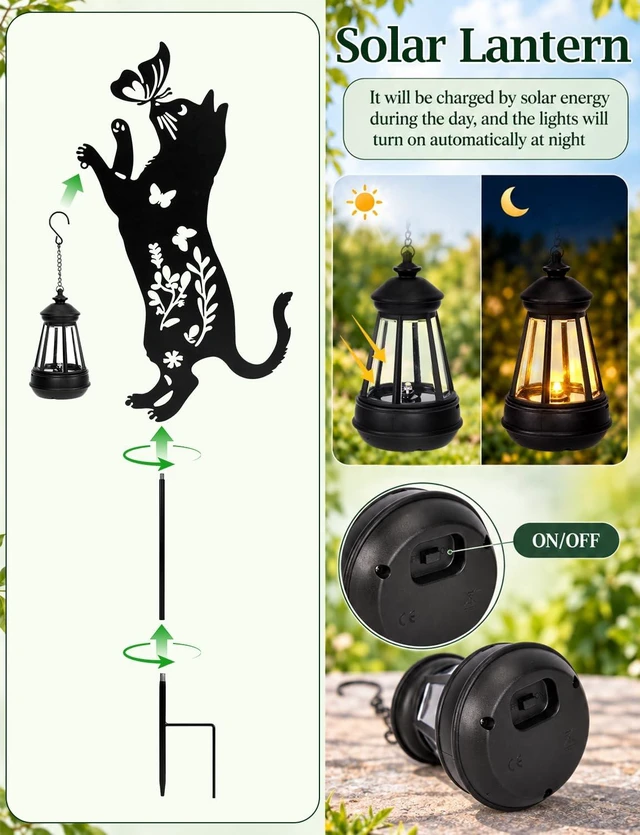 Alt view image 5 of 7 - Cat Solar Lights Outdoor Garden, 2 Pack Solar Hanging Lantern Outdoor, Cat Lover Gifts for Women Mom Birthday Mother's Day, Metal Waterproof Garden Decor for Yard Pathway Patio Lawn