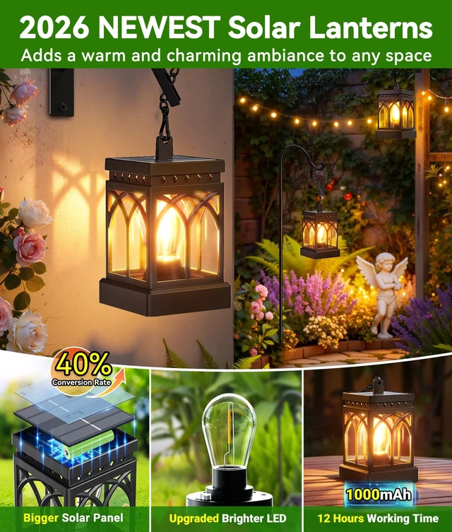 Alt view image 4 of 7 - KOOPER 4 Pack Solar Lanterns Outdoor Waterproof, Brighter Hanging Solar Lantern Lights for Outside, Auto ON/Off Lanterns Decorative Outdoor for Garden Table Yard Path Tree Patio Lawn Decor, Gifts