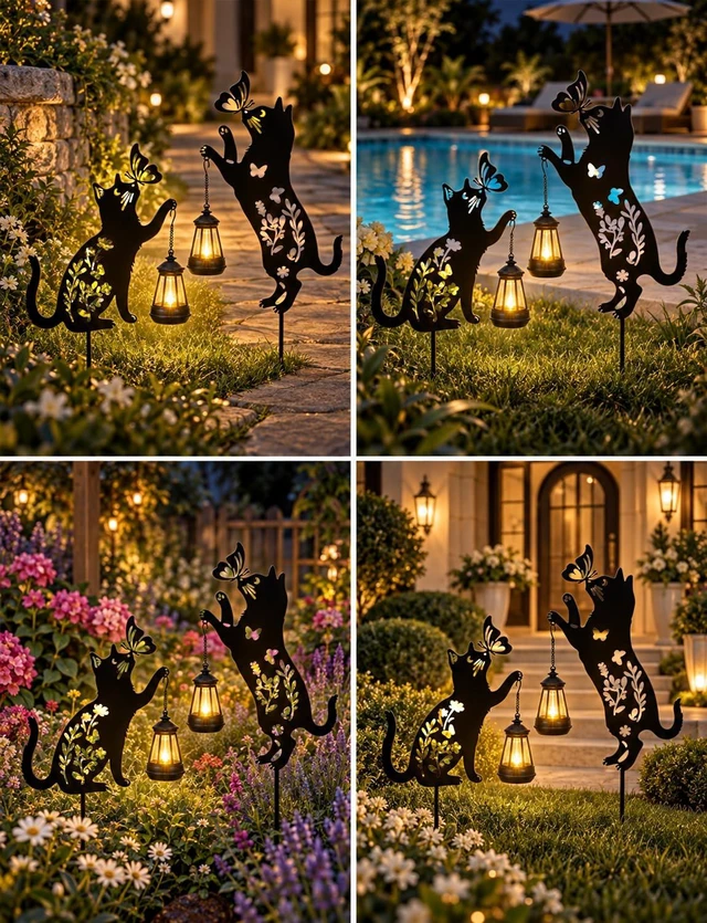Alt view image 6 of 7 - Cat Solar Lights Outdoor Garden, 2 Pack Solar Hanging Lantern Outdoor, Cat Lover Gifts for Women Mom Birthday Mother's Day, Metal Waterproof Garden Decor for Yard Pathway Patio Lawn