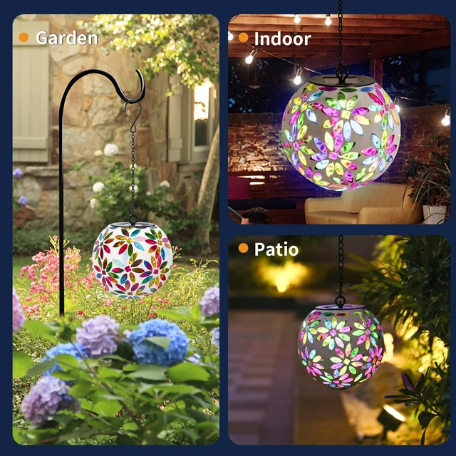 Alt view image 6 of 6 - VCUTEKA Hanging Solar Lanterns, Pink Mosaic Solar Lights Garden Decor