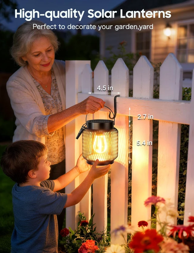 Alt view image 5 of 7 - KOOPER Metal Solar Lanterns Outdoor Waterproof, 2 Pack Brighter Hanging Solar Lights for Outside, Up to 15 Hours Modern Hanging Solar Powered Lanterns Lights for Yard Patio Path Tree Garden Decorative