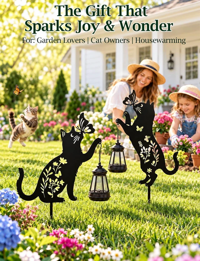Alt view image 7 of 7 - Cat Solar Lights Outdoor Garden, 2 Pack Solar Hanging Lantern Outdoor, Cat Lover Gifts for Women Mom Birthday Mother's Day, Metal Waterproof Garden Decor for Yard Pathway Patio Lawn