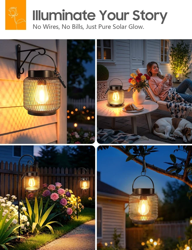 Alt view image 6 of 7 - KOOPER Metal Solar Lanterns Outdoor Waterproof, 2 Pack Brighter Hanging Solar Lights for Outside, Up to 15 Hours Modern Hanging Solar Powered Lanterns Lights for Yard Patio Path Tree Garden Decorative