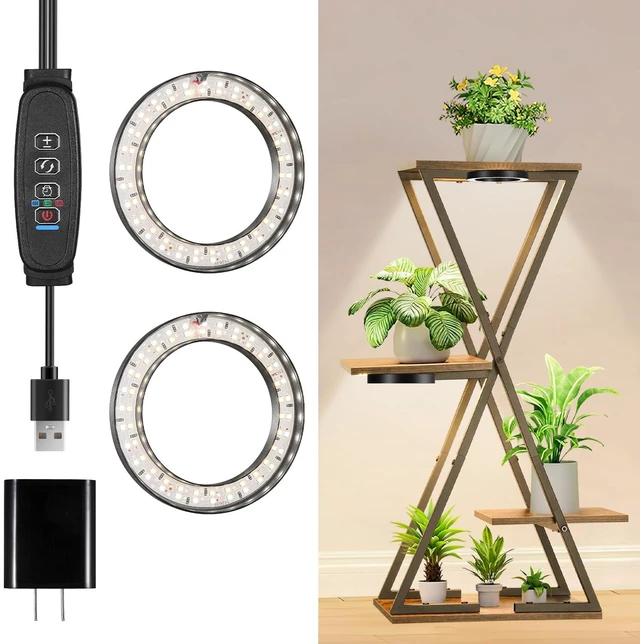Main image of 4.72in Black Indoor Plant Grow Lights, Full Spectrum Grow Lamp, 60 LEDs Warm White 2 Head Black Metal Angel Ring for Ceiling Cabinets & Shelf, 6/12/16H Timer, 3 Modes, 10 Levels