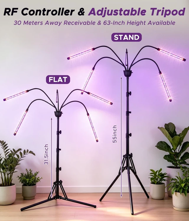 Alt view image 2 of 4 - Grow Lights for Indoor Plants,5 Heads Red Blue White Full Spectrum Plant Light with 15-60" Adjustable Tripod Stand, Indoor Grow Lamp with Auto On/Off Timer Function