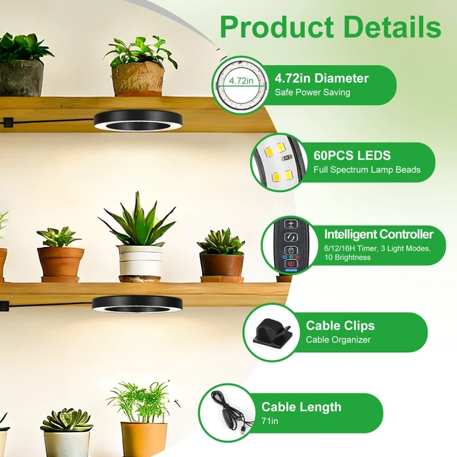 Alt view image 2 of 7 - 4.72in Black Indoor Plant Grow Lights, Full Spectrum Grow Lamp, 60 LEDs Warm White 2 Head Black Metal Angel Ring for Ceiling Cabinets & Shelf, 6/12/16H Timer, 3 Modes, 10 Levels