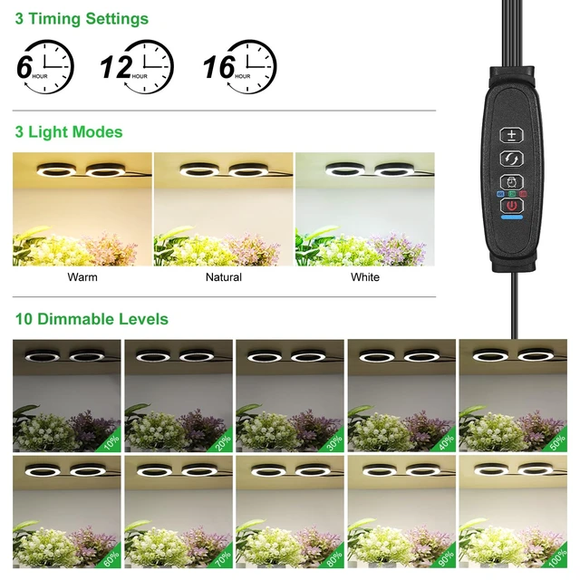 Alt view image 3 of 7 - 4.72in Black Indoor Plant Grow Lights, Full Spectrum Grow Lamp, 60 LEDs Warm White 2 Head Black Metal Angel Ring for Ceiling Cabinets & Shelf, 6/12/16H Timer, 3 Modes, 10 Levels