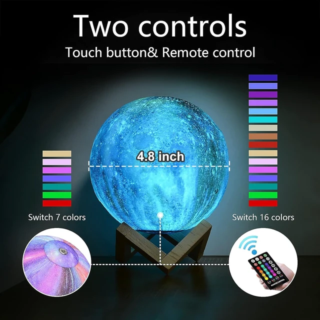 Alt view image 3 of 7 - Moon Lamp, Kids Night Light Galaxy Lamp - 16 Colors Moon Light with Wood Stand Remote & Touch Control USB Rechargeable Gift for Girls&Boys Lover Birthday - 4.8 inch