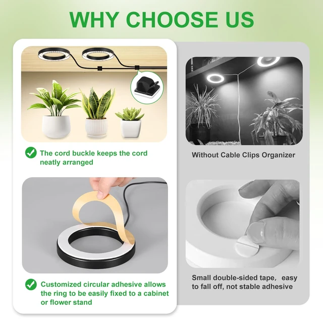 Alt view image 5 of 7 - 4.72in Black Indoor Plant Grow Lights, Full Spectrum Grow Lamp, 60 LEDs Warm White 2 Head Black Metal Angel Ring for Ceiling Cabinets & Shelf, 6/12/16H Timer, 3 Modes, 10 Levels