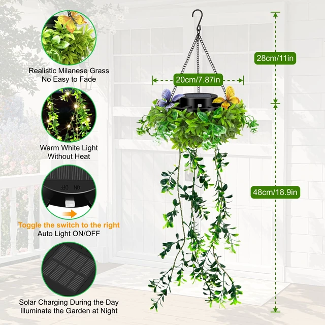 Alt view image 2 of 7 - Solar Hanging Garden Lights, 2 Pack 66 LED Outdoor Lights with Realistic Milan Grass & White Flowers, IP65 Waterproof Solar Lanterns for Patio, Porch, Fence, Pergola & Backyard Decor, Auto On/Off