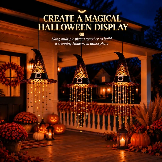 Alt view image 2 of 7 - Hanging Witch Hats with Lights, Glowing Halloween Witch Hat with Cascading