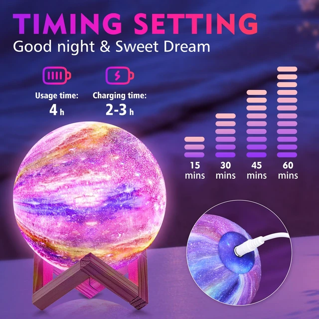Alt view image 4 of 7 - Moon Lamp, Kids Night Light Galaxy Lamp - 16 Colors Moon Light with Wood Stand Remote & Touch Control USB Rechargeable Gift for Girls&Boys Lover Birthday - 4.8 inch
