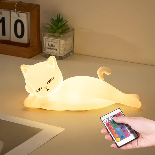 Main image of Lying Cat Lamp Funny Gifts, 16 Colors+5 Dimming+Silicone Random Stuff, Touch+Remote+Recharge Night Light, Unique Cool Lamp,Cute Weird Stuff, Squishy Cat White Elephant Gifts for Women/Men/Teens/Kids