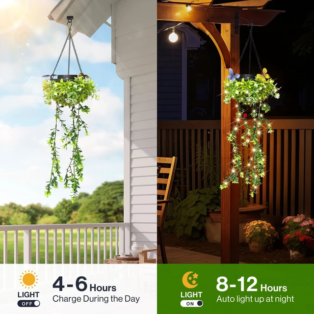 Alt view image 3 of 7 - Solar Hanging Garden Lights, 2 Pack 66 LED Outdoor Lights with Realistic Milan Grass & White Flowers, IP65 Waterproof Solar Lanterns for Patio, Porch, Fence, Pergola & Backyard Decor, Auto On/Off