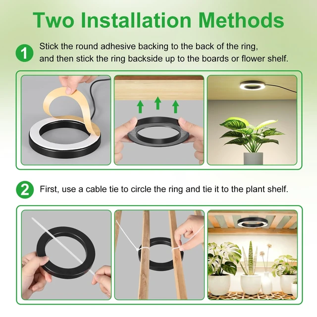 Alt view image 6 of 7 - 4.72in Black Indoor Plant Grow Lights, Full Spectrum Grow Lamp, 60 LEDs Warm White 2 Head Black Metal Angel Ring for Ceiling Cabinets & Shelf, 6/12/16H Timer, 3 Modes, 10 Levels